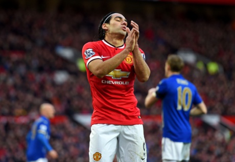 Radamel Falcao reacts after a missed chance but United move up to third after beating Leicester.