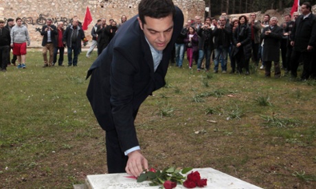 Alex Tsipras places flowers on the National Resistance Memorial in the Athens district of Kaisariani, 26 January 2015.