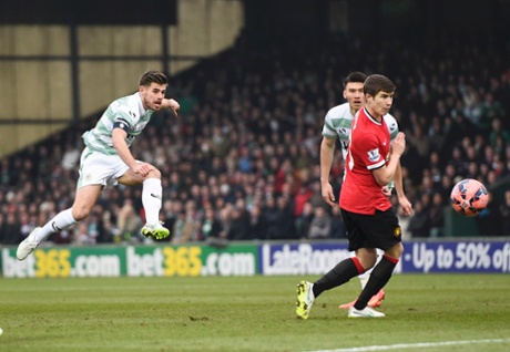 Joseph Edwards of Yeovil has a shot.