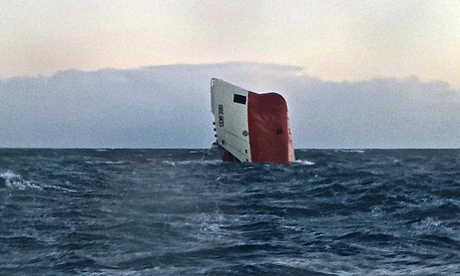 Upturned hull of the Cemfjord in the sea 15 miles from Wick before it sank on Sunday