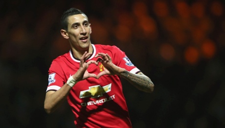 Angel di Maria of Manchester United celebrates scoring their second goal.