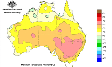 Australia mainland temperature in three months to 31 Dec 2014