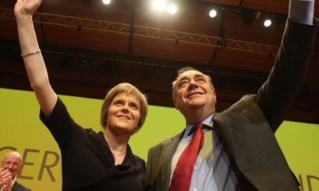 Alex Salmond and Nicola Sturgeon salute their supporters