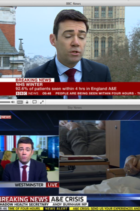 Interviews with Labour's Andy Burnham shown simultaneously on Sky News and BBC News.
