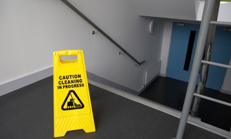 Warning sign at top of staircase