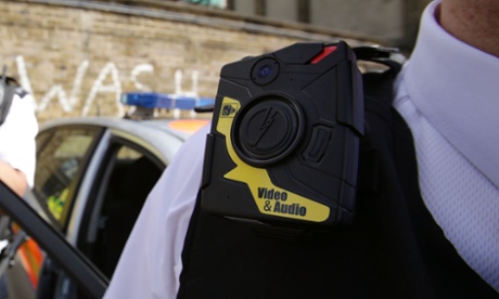 Police officer wears body-worn video (BWV) camera, ahead of a year-long pilot scheme by the Metropolitan police.
