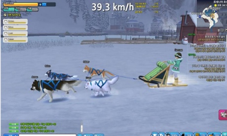 Racing dogs in the snow.