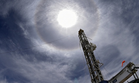 View of oil drilling rigs at Vaca Muerta