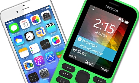 An iPhone 6 and a Nokia 215