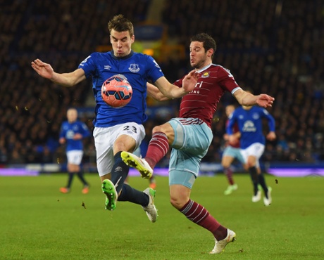 Seamus Coleman of Everton and Matthew Jarvis of West Ham United battle for the bal.