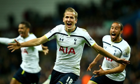 Harry Kane of Spurs celebrates scoring their second goal during the Barclays Premier League match between Aston Villa and Tottenham Hotspur at Villa Park on November 2, 2014