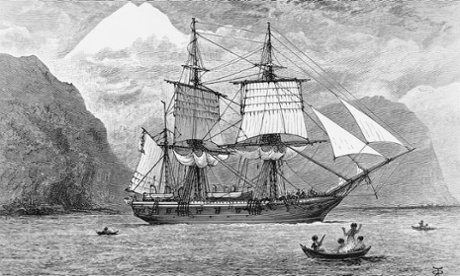 The Beagle carrying Charles Darwin's expedition, depicted in the the Straits of Magellan, bordering Tierra del Fuego.