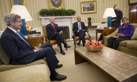 President Barack Obama meets with from left, Secretary of State John Kerry and Vice President Joe Biden and National Security Adviser Susan Rice, in the Oval Office of the White House in Washington, Wednesday, Jan. 7, 2015.