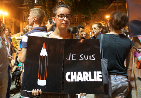 A crowd gathers in Rio De Janeiro in a vigil for the Charlie Hebdo attack.