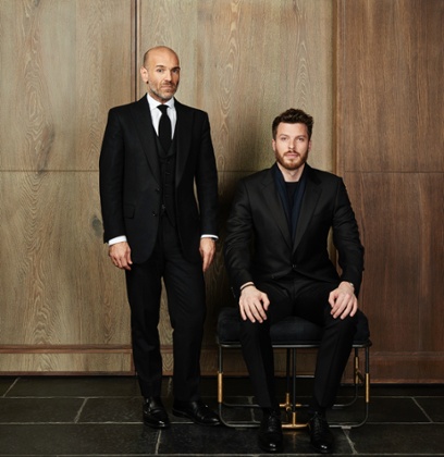 Rick Edwards (sitting), wearing Gieves & Hawkes SS15, with Jason Basmajian, the label’s creative director.