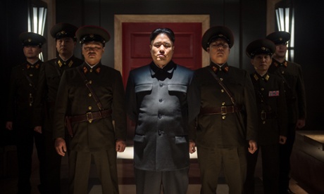 A shot from The Interview, with Kim Jong-un played by Randall Park (c). North Korea entered a protest to the United Nations against the Hollywood comedy before the hack on Sony Pictures.
