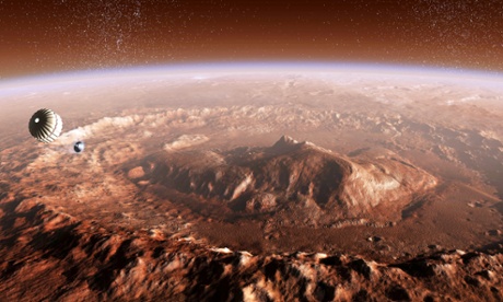 The Curiosity Rover descends into the Gale Crater on Mars.