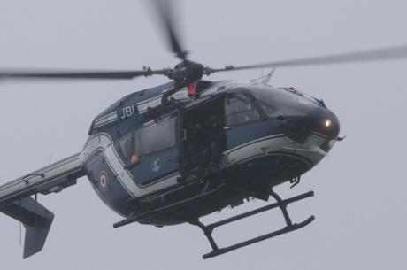 French armed forces helicopter flies over Dammartin-en-Goele