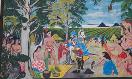 Rivas town wall mural shows first encounter between Spanish colonisers and indigenous tribe on short of Lake Nicaragua.