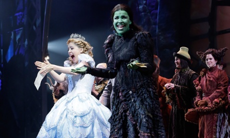 Green light … Alli Mauzey and Lindsay Mendez attend the curtain call at Wicked celebrates 10 years on Broadway in 2013.