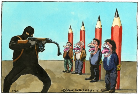 Steve Bell's take on the murders at the offices of Charlie Hebdo in Paris.