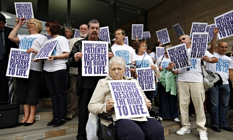 Protesters in London call for life-saving cancer drugs to be made available on the NHS in 2008.