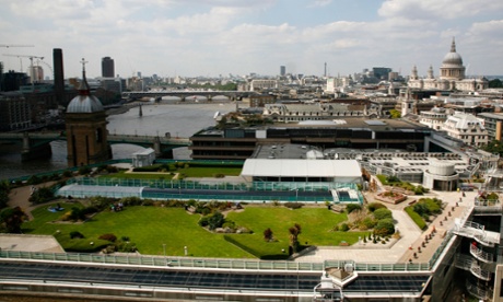 Skyline view from the City of London looking west towards St Paul's Cathedral, London, UK