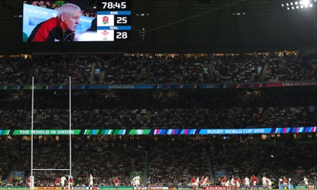 Wales coach Warren Gatland watches a famous victory over England at Twickenham in the World Cup.