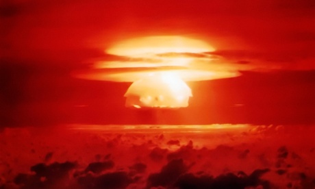 Bikini Atoll, Marshall Islands --- The BRAVO Event in Operation Castle was an experimental thermonuclear device, 15-megaton weapons related surface event detonated on Bikini Atoll; an enormous bell of a condensation cloud hangs over the mushroom cloud.