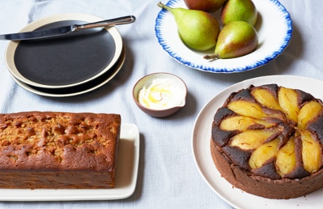 Make use of a bounty of pears by folding them into a sticky ale and golden syrup cake (left), or poaching them in sugar and saffron, before baking into a brownie tart.