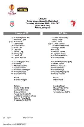 Liverpool v Sion team sheet
