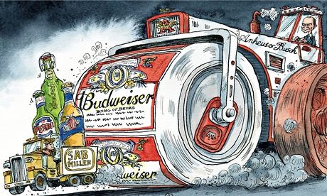 Cartoon by David Simonds showing SABMiller brands threatened by Anheuser-Busch InBev.