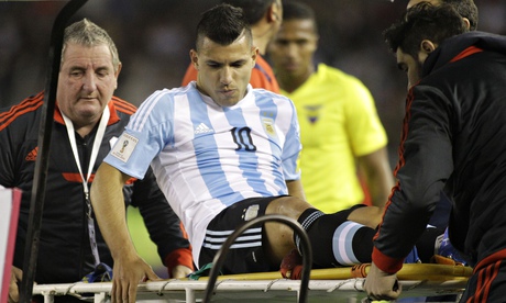 Sergio Aguero is carried off the field after being injured against Ecuador