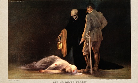 Print of a T. Corbella painting: Cavell, in a romantically floaty red cross nurse uniform, lies dead; a German officer stands over her brandishing a pistol, and next to him a skull-headed death figure holds a lantern over the body, his skeletal hand on the officer's shoulder