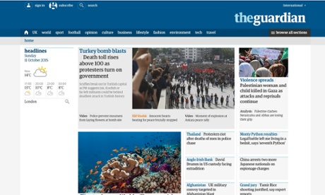 A screengrab of the Guardian's international homepage, taken at about 1.45pm UK time on 11 October 2015. 