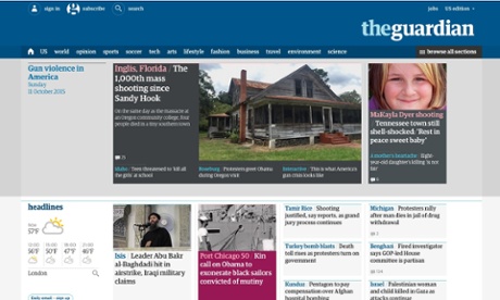 A screengrab of the Guardian's US homepage, taken at about 1.45pm UK time on 11 October 2015. 