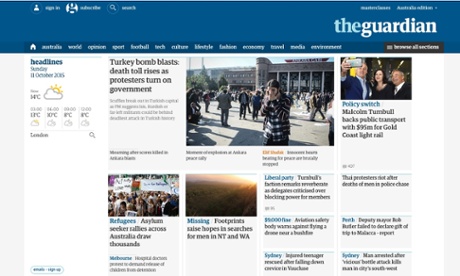 A screengrab of the Guardian's Australia homepage, taken at about 1.45pm UK time on 11 October 2015. 