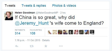 Screengrab of the tweet sent by Labour MP Helen Goodman who is facing a backlash over a jibe at Health Secretary Jeremy Hunt's Chinese wife.  
