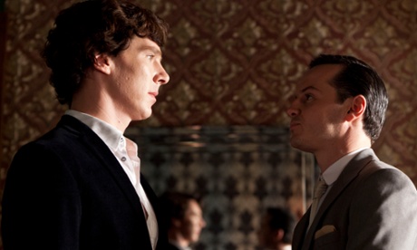 Andrew Scott as the menacing Moriarty facing Benedict Cumberbatch's Sherlock Holmes in the Reichenbach Fall