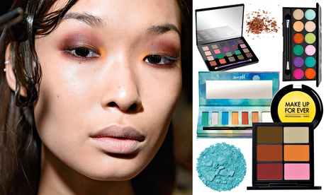 model's face next to rainbow eye shadows