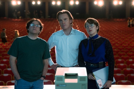Michael Stuhlbarg as computer scientist Andy Hertzfeld, with Michael Fassbender and Kate Winslet in the biopic Steve Jobs.