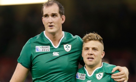 Ireland’s Ian Madigan, right, and Devin Toner celebrate after the win over France.