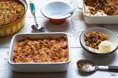 Butternut squash and spinach casserole with herbed feta crumble (top left) strawberry almond crisp (bottom and a classic apple crumble with a spelt topping.