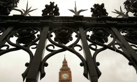 Big Ben behind the existing railings surrounding The Palace of Westminster, Houses of Parliament, London