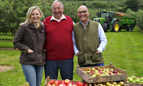 Presenters Philippa Forrrester and Gregg Wallace with cider farmer John Farmer in Harvest 2015. Phot