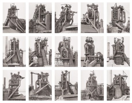 15 black-and-white photographs of blast furnaces