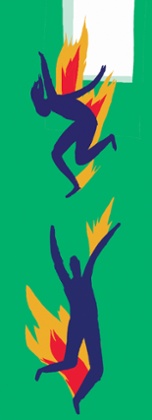 Illustration of people on fire jumping out of a window.