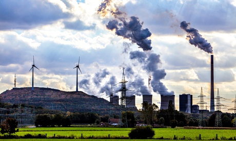 Coal power station with wind power turbines in Germany