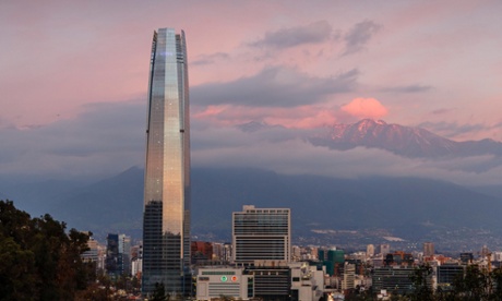 View over the Gran Torre Santiago from Cerro San Cristobal, Santiago, Chile, South America
