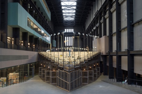 Empty Lot by Abraham Cruzvillegas in the Turbine Hall at Tate Modern, where ‘bright lights keep a warm eye on 240 raised beds filled with soil from all over London’.